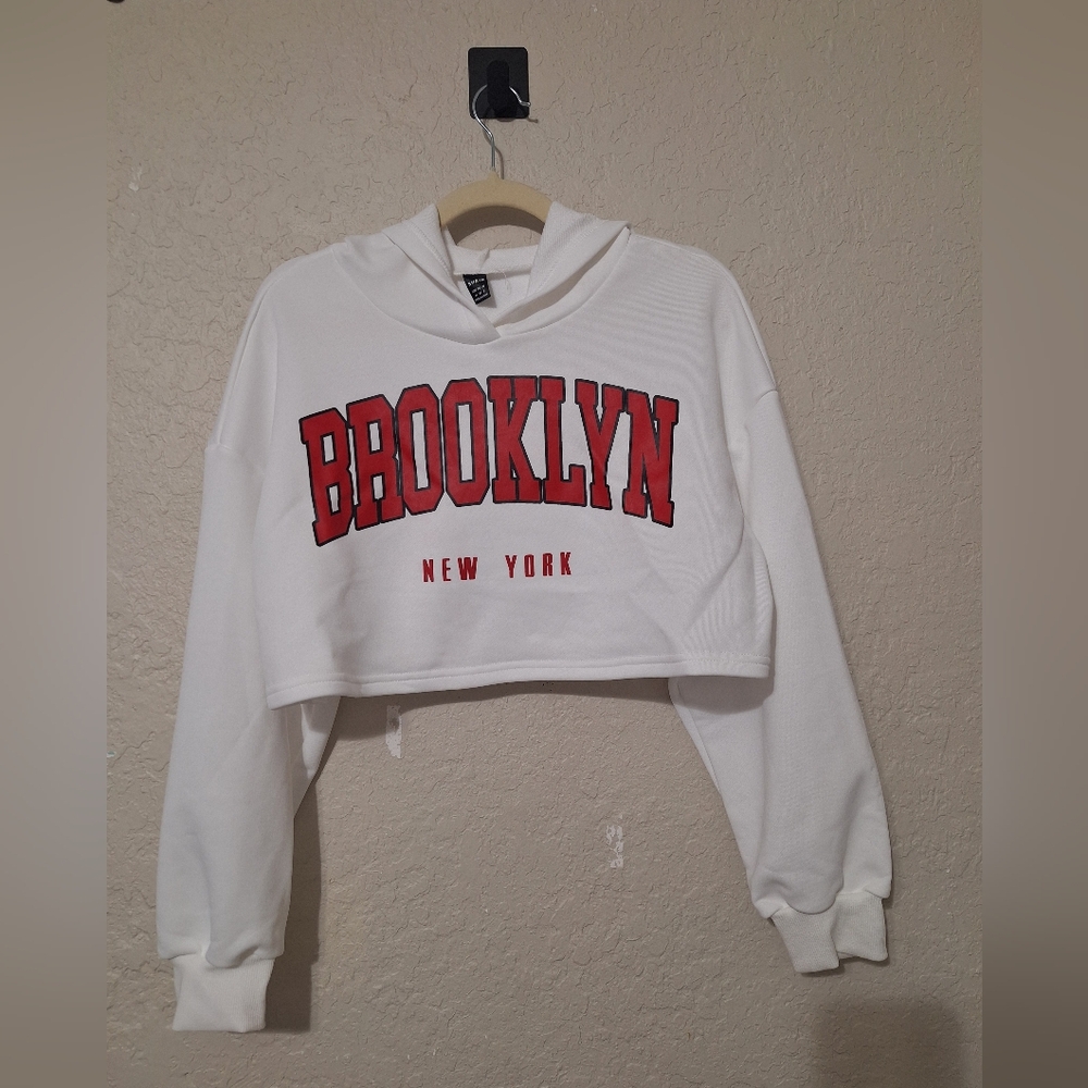 SHEIN SET White Cropped Hoodie & RED Swestpants with Brooklyn Print